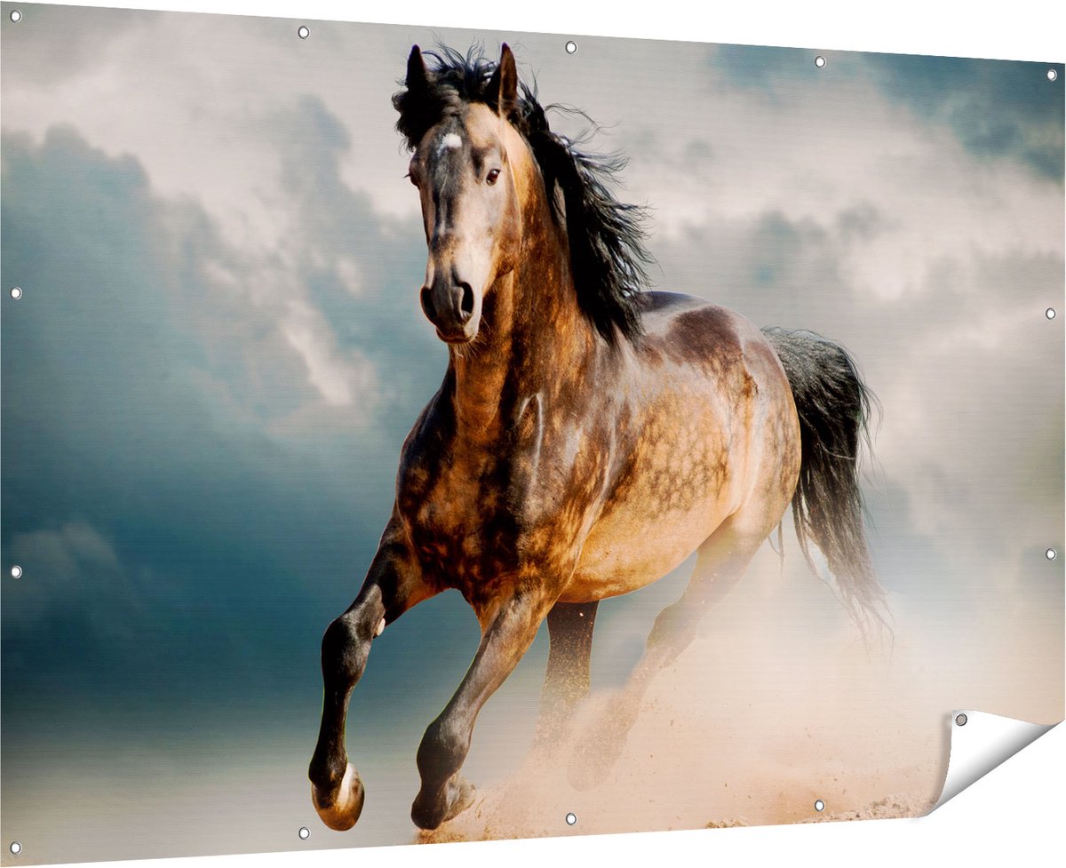 Gards Tuinposter Wilde Paard in het Zand - 180x120 cm - Tuindoek - Tuindecoratie - Wanddecoratie buiten - Tuinschilderij Multikleur