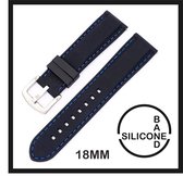 18mm Rubber Siliconen horlogeband zwart met blauwe stiksels passend op o.a Casio Seiko Citizen en alle andere merken - 18 mm Bandje - Horlogebandje horlogeband