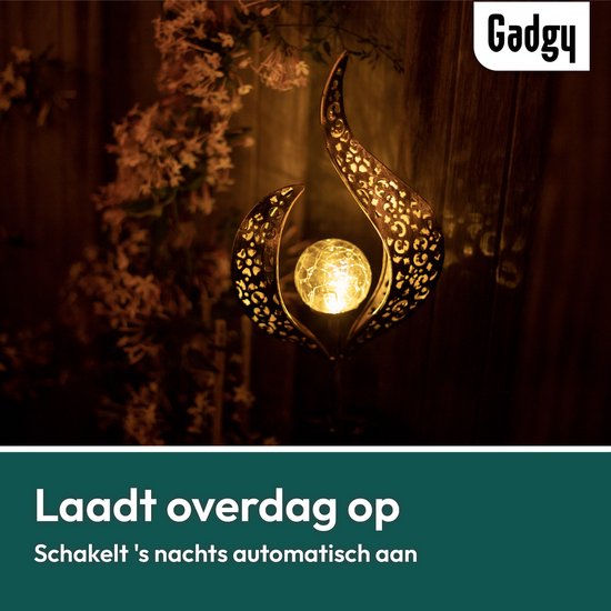 Gadgy Solar Flame Lamp met Grondspies – Solar Tuinverlichting set 2 st. - Tuinverlichting op Zonneenergie Buiten – Led Buitenverlichting met Sensor - Tuinlantaarn - Tuinfakkel - Tuinsteker - Brons kleurig Metaal