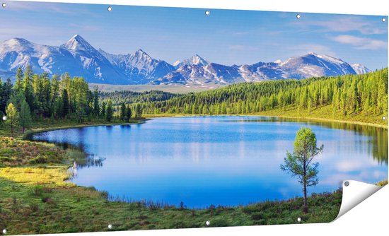 Affiche de jardin Gards Lac près des Montagnes dans la forêt - 180x90 cm - Toile de jardin - Décoration de jardin - Décoration murale extérieure - Peinture de jardin