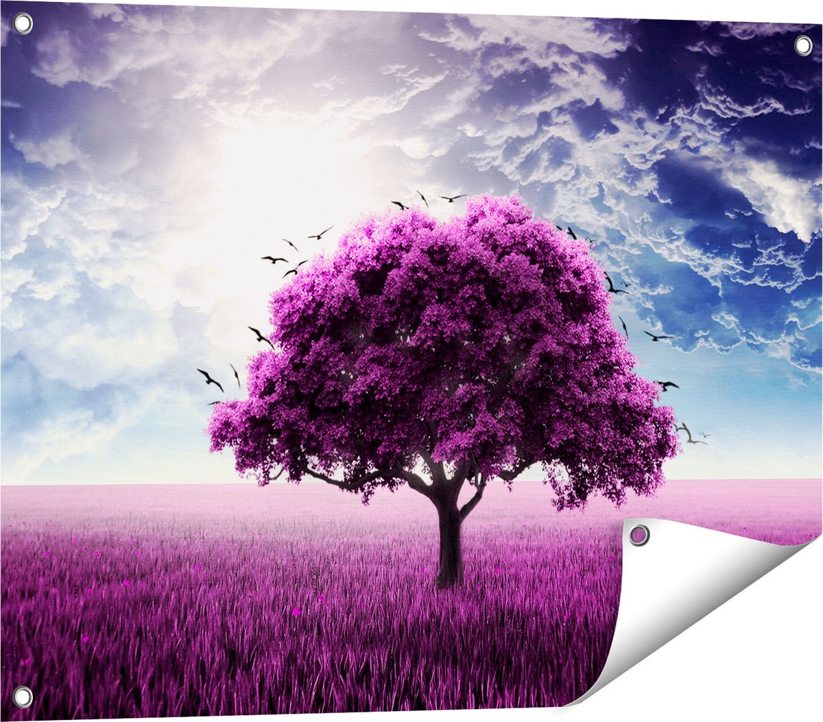 Gards Tuinposter Paarse Boom in het Paars Veld met Vogels - 80x60 cm - Tuindoek - Tuindecoratie - Wanddecoratie buiten - Tuinschilderij Multikleur