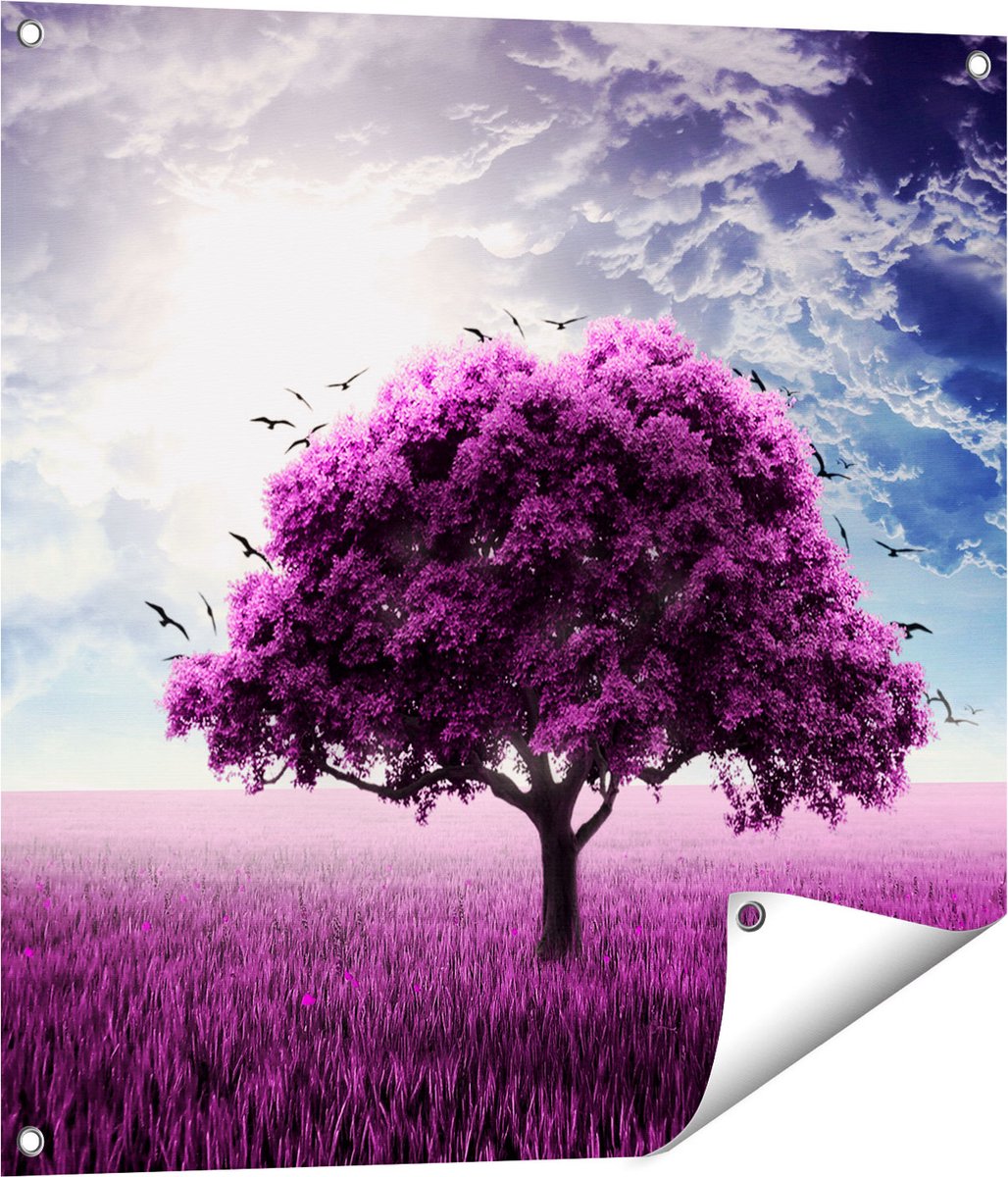 Gards Tuinposter Paarse Boom in het Paars Veld met Vogels - 70x70 cm - Tuindoek - Tuindecoratie - Wanddecoratie buiten - Tuinschilderij Multikleur