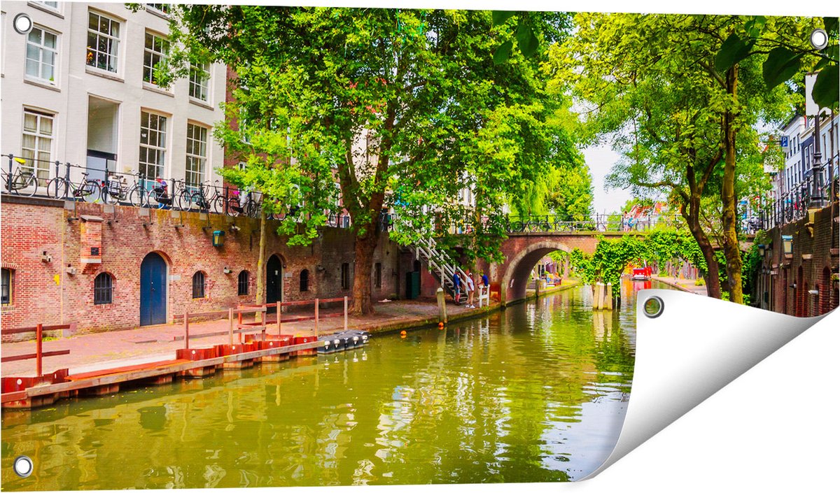 Gards Tuinposter Oudegracht in Utrecht - 80x40 cm - Tuindoek - Tuindecoratie - Wanddecoratie buiten - Tuinschilderij Multikleur