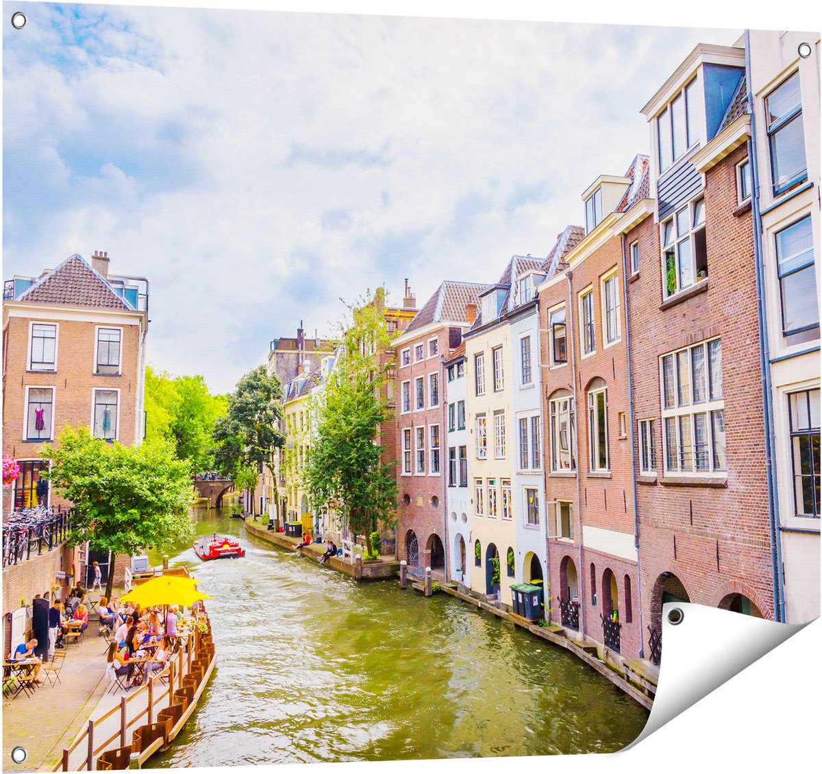 Gards Tuinposter Huizen aan de Oudegracht in Utrecht - 100x80 cm - Tuindoek - Tuindecoratie - Wanddecoratie buiten - Tuinschilderij Multikleur