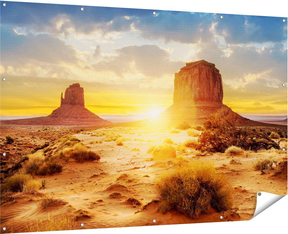 Gards Tuinposter Zonsondergang in Woestijn Monument Valley - 180x120 cm - Tuindoek - Tuindecoratie - Wanddecoratie buiten - Tuinschilderij Multikleur