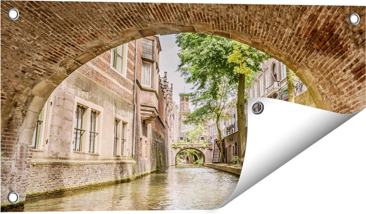 Gards Tuinposter Gracht in Utrecht onder de Brug - 60x30 cm - Tuindoek - Tuindecoratie - Wanddecoratie buiten - Tuinschilderij Multikleur