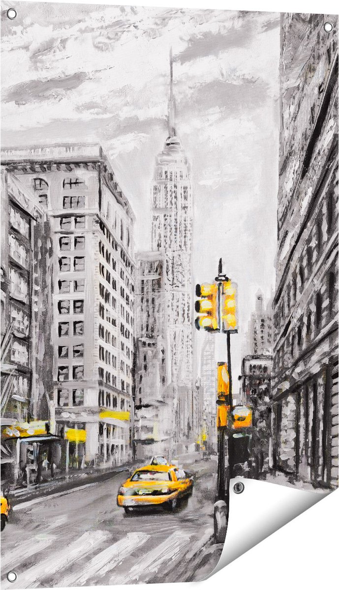 Gards Tuinposter Geschilderde New York Tekening - Zwart Wit - 60x90 cm - Tuindoek - Tuindecoratie - Wanddecoratie buiten - Tuinschilderij Multikleur