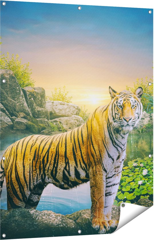 Gards Tuinposter Luipaard in een Vijver bij Zonsondergang - 90x120 cm - Tuindoek - Tuindecoratie - Wanddecoratie buiten - Tuinschilderij