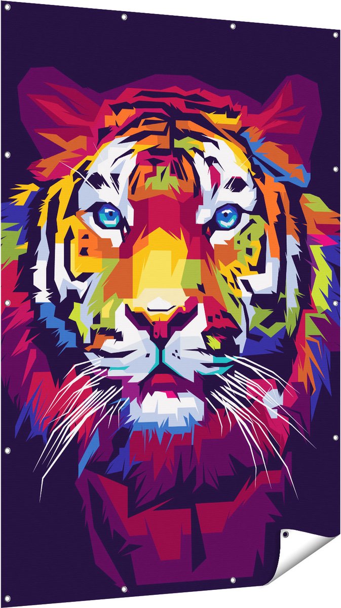 Gards Tuinposter Kleurrijke Tijger - Abstract - 120x180 cm - Tuindoek - Tuindecoratie - Wanddecoratie buiten - Tuinschilderij Multikleur
