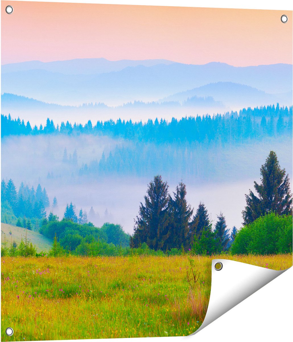 Gards Tuinposter Mistige Heuvel Landschap met Bossen - 70x70 cm - Tuindoek - Tuindecoratie - Wanddecoratie buiten - Tuinschilderij Multikleur