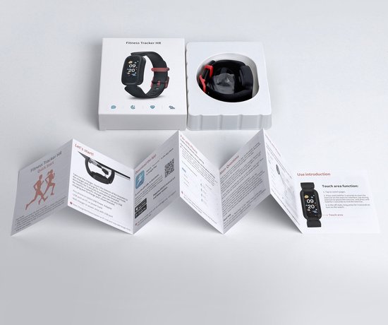 Uitgepakte rode en zwarte smartwatch met beschermende verpakking en handleidingen.