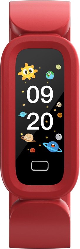 Rode smartwatch met speels scherm waarop '09:20' staat met ruimte-thema.