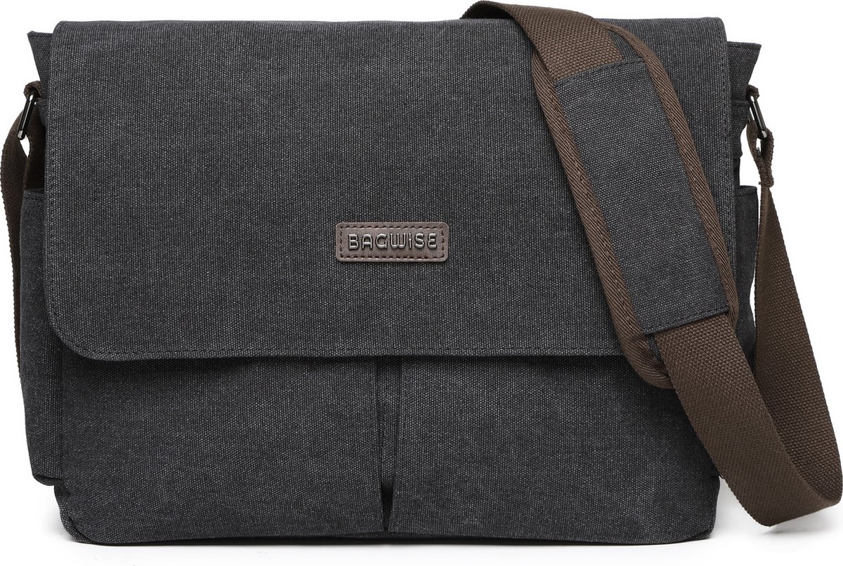 Bagwise® - Schoudertas - Messenger Bag - Canvas - Vintage -met schouderpad -35x30x15cm- 1305 Antraciet Zwart