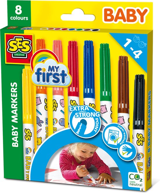 SES - My First - Baby markers - 8 kleuren stiften - veilige dop - ronde, stevige punt - makkelijk uitwasbaar