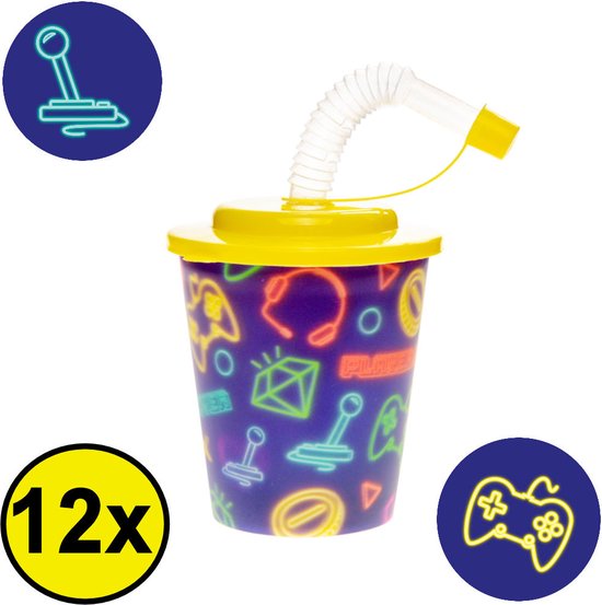 12 STUKS GAMER 3D Drink Beker met Rietje en Deksel - 250ML - Gamers Plastic Bekers - Kinderfeestje - Kinderverjaardag Bekertjes - Traktatie - Uitdeelcadeaus van Onbekend — afbeelding 2