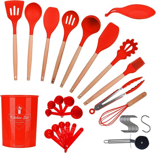 Set de 10 ustensiles Eliott en silicone avec manche en bois