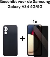 Samsung Galaxy A34 4G & 5G | Achterkantje zwart + 1x privacy screen protector | Back cover silicone black + 1x privacy tempered glass