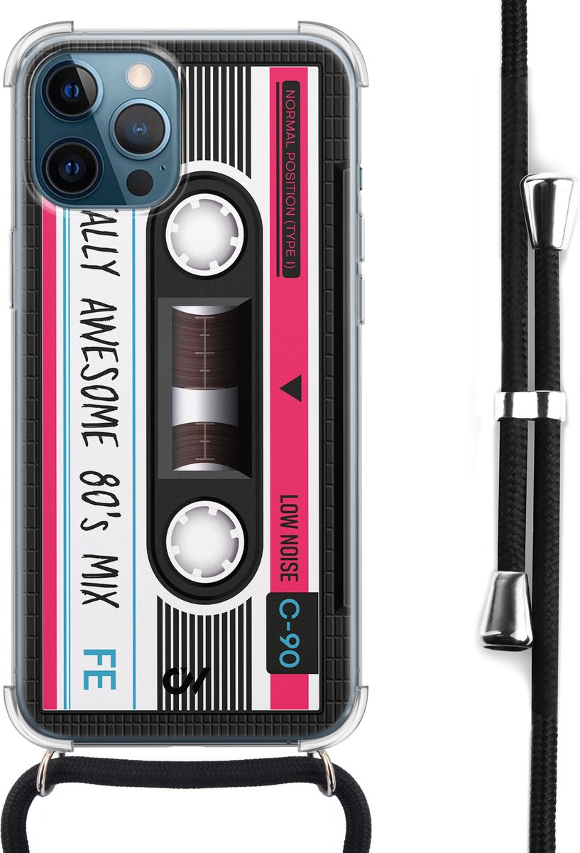 Casevibes - Telefoonhoesje met koord - Geschikt voor Apple iPhone 12 - Cassette - Grijs -
