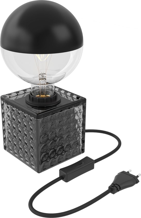 Calex Lampe de Table Carrée - 1x E27 - Câble avec Interrupteur - Noir Verre