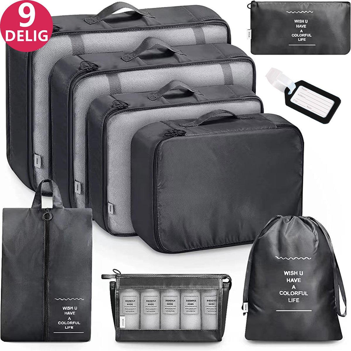 LIXIN Packing Cubes Set 9-Delig - Zwart - Kleding Organizer Voor Reis Koffer - Tassen en backpack - Bagage organizers - Geschikt voor Kleding, Schoenen en Make-up - Reistas - Opbergtassen - Opbergzakken - Travel accessoires