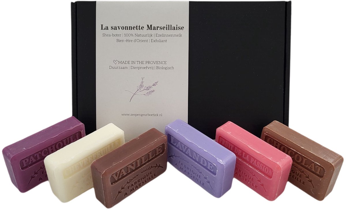Goedkoopste 6x Savon de Marseille, Vanille, Fruit de la passion, Patchouli, Lavande, Chevrefeuille, Chocolade - cadeau voor vrouw