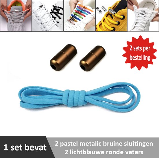 2 paar lichtblauwe ronde elastische veters met metalic bruine sluitingen. Je hoeft voortaan nooit meer je veters te strikken