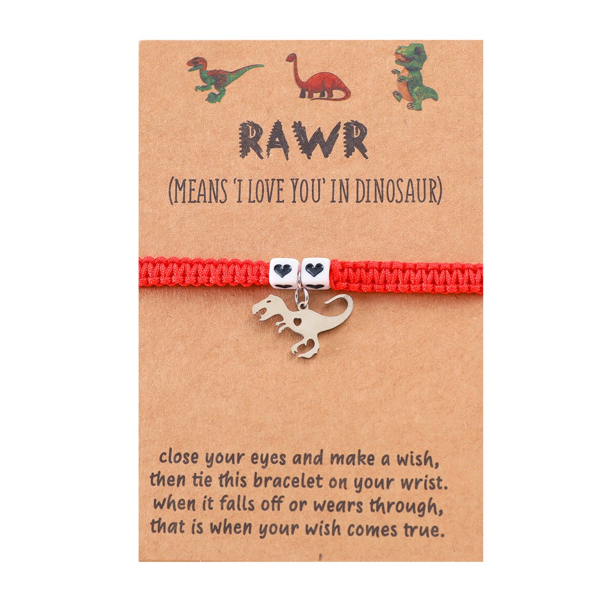 Armbandje met Dinosaurus & Hartjes sluiting - Rode Bandjes - BFF Armband op Cadeau kaartje - Pax Amare