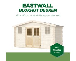 EASTWALL Dubbele tuindeur glas – Blokhutdeuren – Schuurdeuren – Tuinhuisdeuren – 171 x 180 cm – Onbehandeld vurenhout – Plexiglas ruit - Inclusief hang- en sluitwerk