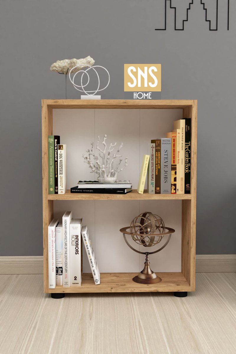 SNS Home - 13-05 - Decoratieve Boekenkast - Boekenkast met 2 Planken - Moderne Spaanplaat Boekenkast - Houten Boekenkast - Pijnboom