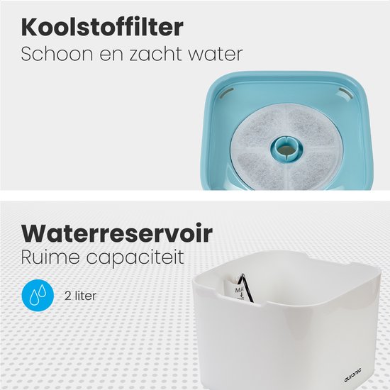 Details van de Auronic drinkfontein: koolstoffilter in de blauwe bak en de 2 liter waterreservoir.