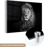 Glasschilderij leeuw - Dieren - Portret - Zwart wit - Foto op glas - Wanddecoratie glas - 120x80 cm - Schilderij glas - Decoratie woonkamer - Woonaccessoires - Glasplaat