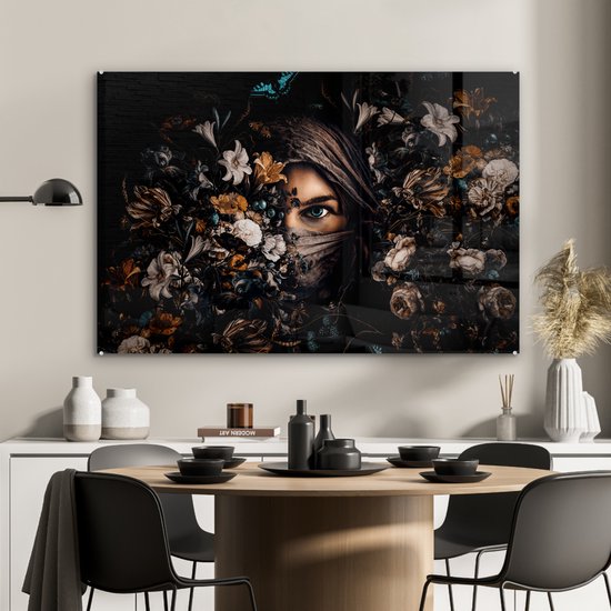 Peinture sur Verre - Femme - Foulard - Fleurs - Papillons - 120x80 cm - Peintures sur Verre Peintures - Photo sur Glas