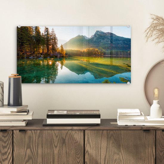 Peinture sur verre - Plaque acrylique - Lac - Water - Vert - Montagnes - Arbre - Décoration murale - Peinture sur verre - Verre acrylique - Photo sur verre - 40x20 cm - Peinture sur verre nature - Décoration murale