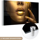 MuchoWow® Glasschilderij 80x40 cm - Schilderij acrylglas - Goud - Vrouw - Verf - Foto op glas - Schilderijen