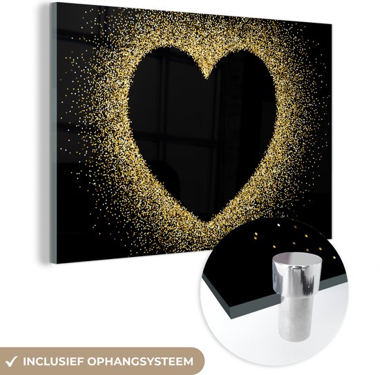 MuchoWow® Glasschilderij 60x40 cm - Schilderij acrylglas - Gouden hart op een zwarte achtergrond - Foto op glas - Schilderijen