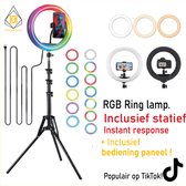 10 inch RGB Ringlamp inclusief Statief - studio lamp - Hoogte 186 CM - Met Telefoonhouders- TikTok - Youtube - 99+ Kleuren
