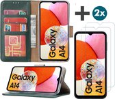 Arara Hoesje geschikt voor Samsung Galaxy A14 (5G/4G) hoesje - bookcase met pasjeshouder + 2x Screenprotector tempered glass - Groen