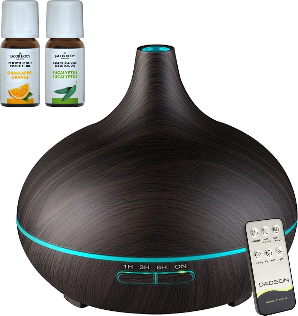 Aroma Diffuser 550ml met afstandsbediening en 2 x Jacob Hooy olie – Vernevelaar – Luchtbevochtiger – Geurverspreider – Aromatherapie – Donkerbruin