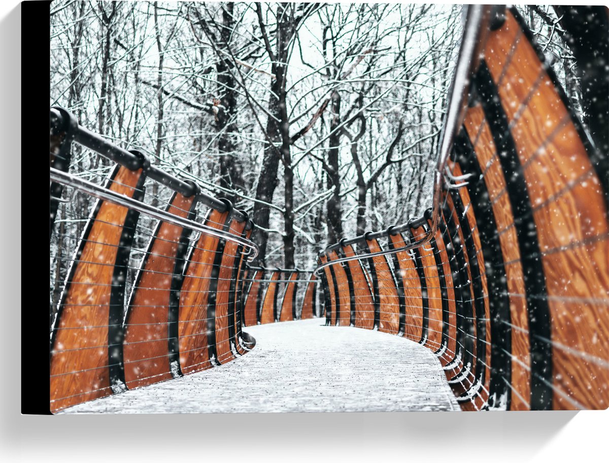 Canvas - Hekwerk in Ondergesneeuwd Bos - 40x30 cm Foto op Canvas Schilderij (Wanddecoratie