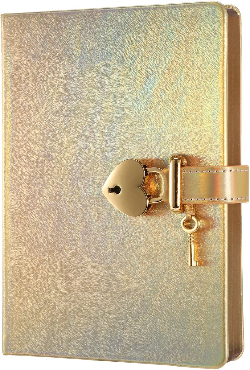 Victoria's Journals - Dagboek met slot, sleutel en geschenkdoos - Hush-Hush My Secret Diary w/ Heart Lock - Luxe Vegan Leer Dagboek - Notitieboek A5 Hardcover - 320 Pagina's Premium Papier - 13x18 cm - Iridescent Goud