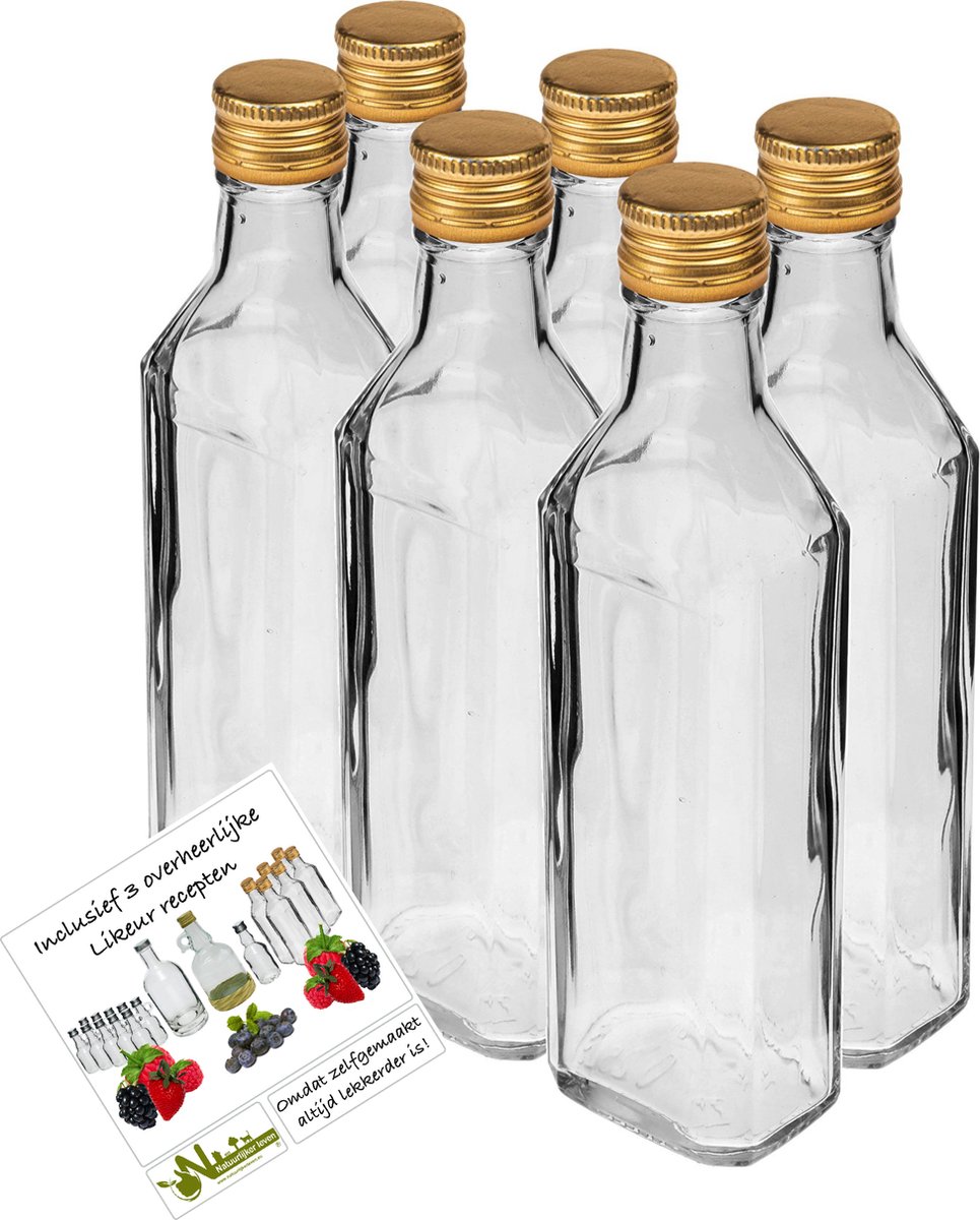 gouveo Set van 60 sapflessen 250 ml met schroefdop, zilver - Glazen fles 0,25 l met TO43 sluiting - Lege fles voor sap, smoothie, limonade (SF250S