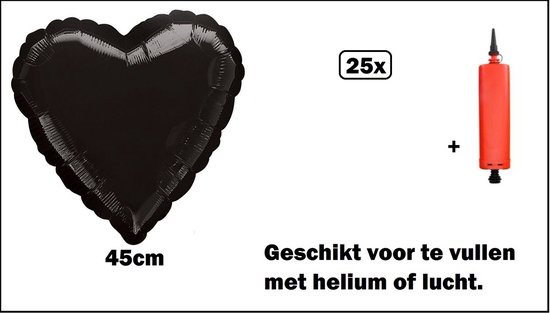 25x Ballon aluminium coeur noir (45 cm) avec pompe à ballon - coeurs ballon  fête