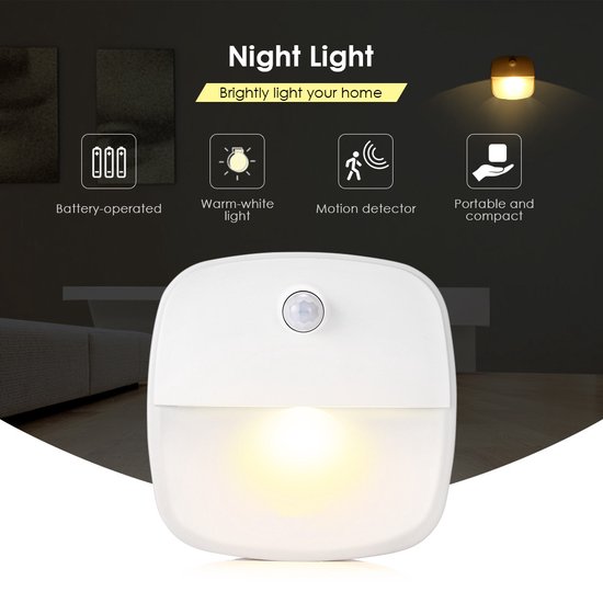 1 x Nachtlampje met bewegingssensor - Draadloos - voor o.a. Slaapkamer, Overloop, Garage - Dag en Nacht Sensor | Werkt op 3 AAA batterijen - MoetIkHebben