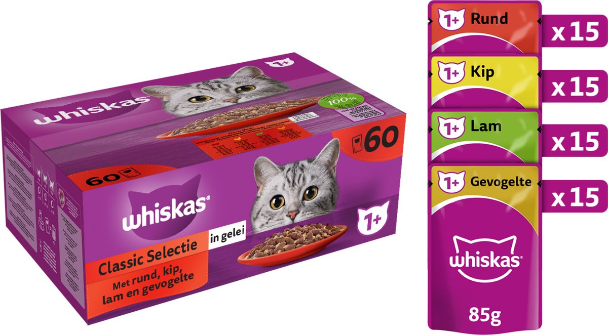 Whiskas Kattenvoer - Adult 1+ - Classic Selectie in Gelei - 60x85g op Prijzenvolger.com