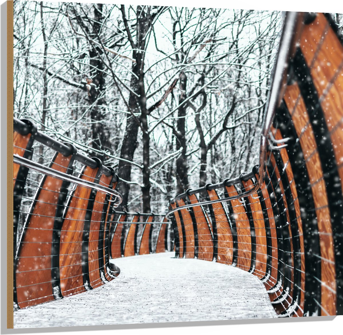Hout - Hekwerk in Ondergesneeuwd Bos - 100x100 cm - 9 mm dik - Foto op Hout (Met Ophangsys