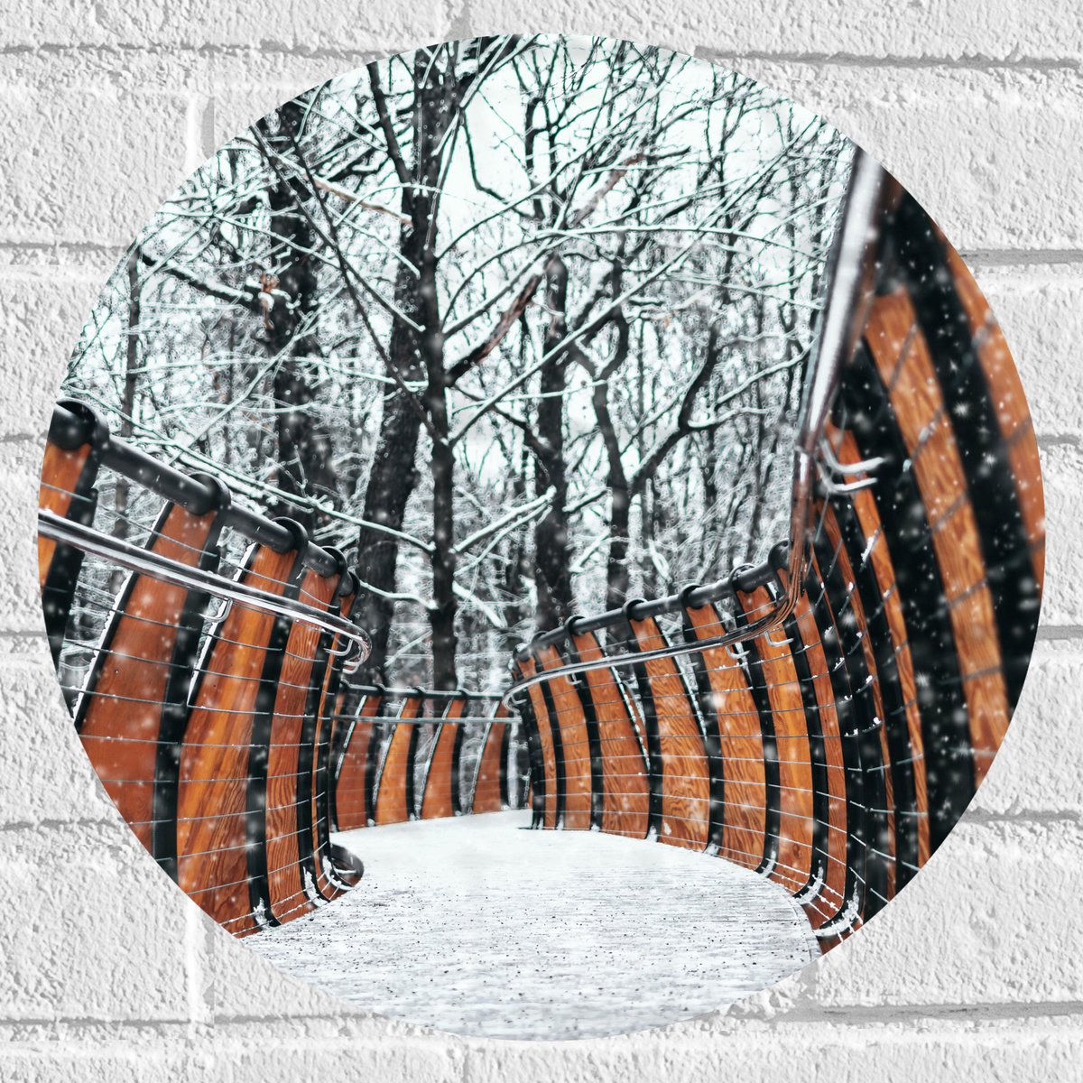 Muursticker Cirkel - Hekwerk in Ondergesneeuwd Bos - 40x40 cm Foto op Muursticker