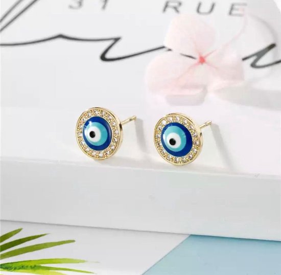 Akyol - Evileye – evil – eye – blauwe evileye – knop oorbellen– geluks oog oorbel – geluk – goudkleurig - bescherming – diepe blauw - boze oog oorbellen - turkse oog - nazar boncuk - cadeau voor vriendin - blauwe oog oorbellen -evil e