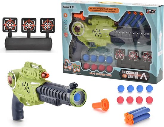 Foam speelgoedpistool en schietschijf met LED en geluid - Pistool geschikt voor NERF guns pijltjes dinosaurus airsoft - Inclusief schietschijf, ballen en raketten kinderspeelgoed cadeau