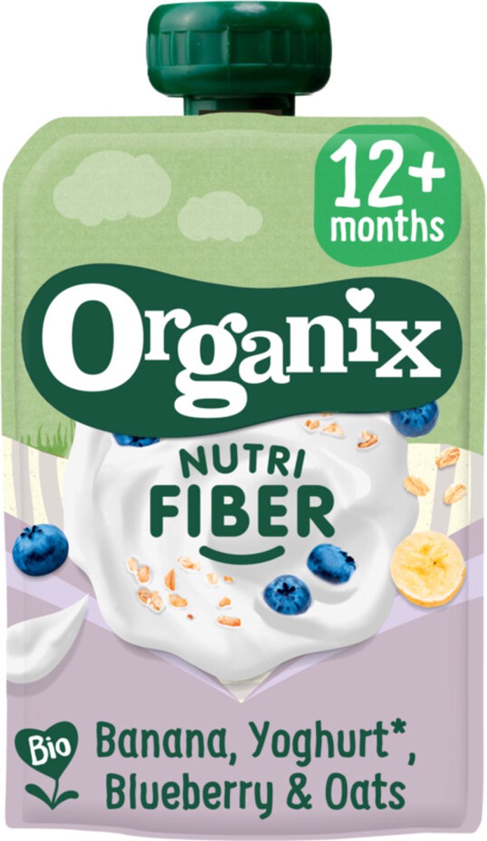 6x Organix Knijpfruit Nutri Fiber Banaan Blauwe Bes Yoghurt 12+m 100 gr