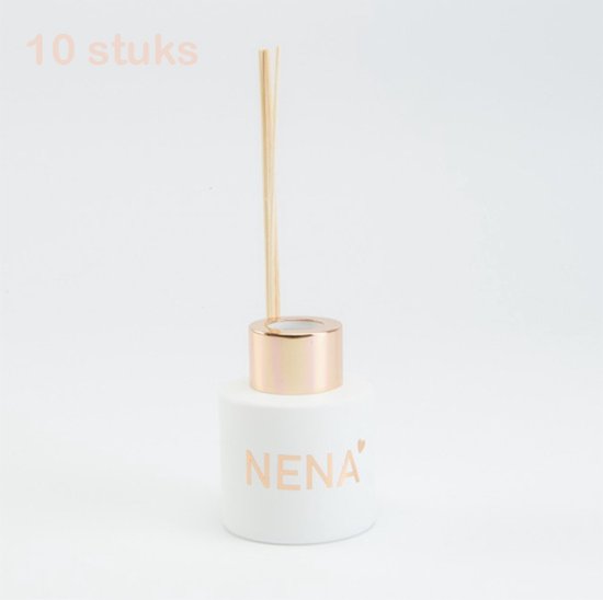 10 stuks - Gepersonaliseerde geurstokjes - flesjes voor huisparfum - WIT potje met Rosé gouden schroefdop en 5 stokjes - Nog te vullen - Ideaal als uitdeelcadeau / doopsuiker - gepersonaliseerd met naam in roségoud